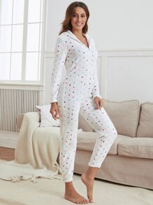 Colorful Polka Dot Pattern Zipper 3D Ear Patched Hooded Flannel Sleep Jumpsuit