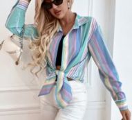 Colorful Striped Curved Hem Blouse