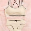 Contrast Binding Bow Ribbed Lingerie Set