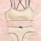 Contrast Binding Bow Ribbed Lingerie Set