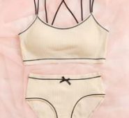 Contrast Binding Bow Ribbed Lingerie Set