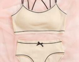Contrast Binding Bow Ribbed Lingerie Set