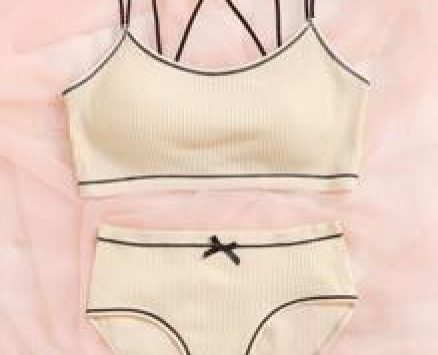 Contrast Binding Bow Ribbed Lingerie Set