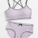 Contrast Binding Bow Ribbed Lingerie Set