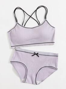 Contrast Binding Bow Ribbed Lingerie Set