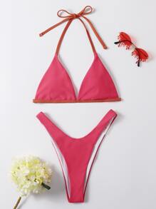 Contrast Binding High Leg Bikini Swimsuit