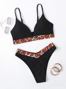 Contrast Binding High Leg Bikini Swimsuit