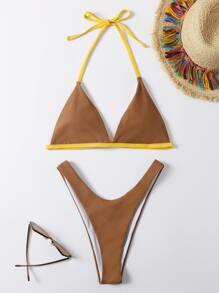 Contrast Binding High Leg Bikini Swimsuit