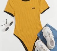 Contrast Binding Letter Embroidery Rib-knit Bodysuit