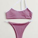 Contrast Binding One Shoulder Tanga Bikini Swimsuit