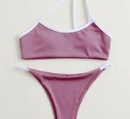 Contrast Binding One Shoulder Tanga Bikini Swimsuit