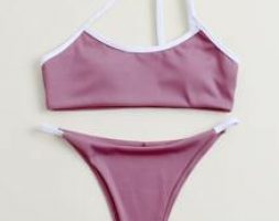 Contrast Binding One Shoulder Tanga Bikini Swimsuit