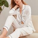 Contrast Binding Pocket Front Pajama Set