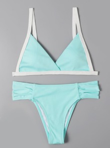 Contrast Binding Ruched Bikini Swimsuit