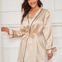 Contrast Binding Satin Robe With Belt