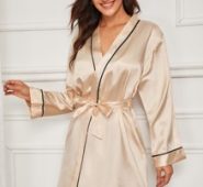 Contrast Binding Satin Robe With Belt