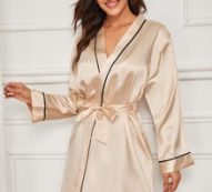 Contrast Binding Satin Robe With Belt