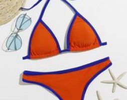 Contrast Binding Triangle Bikini Swimsuit