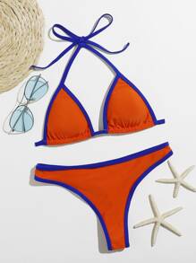 Contrast Binding Triangle Bikini Swimsuit