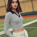 Contrast Collar Striped Crop Tee