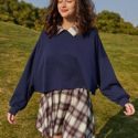 Contrast Collar Sweatshirt & Plaid Skirt