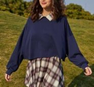 Contrast Collar Sweatshirt & Plaid Skirt