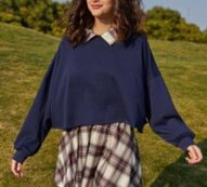 Contrast Collar Sweatshirt & Plaid Skirt
