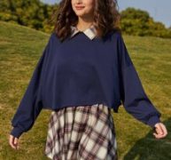 Contrast Collar Sweatshirt & Plaid Skirt