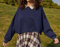 Contrast Collar Sweatshirt & Plaid Skirt