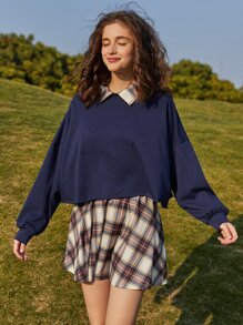 Contrast Collar Sweatshirt & Plaid Skirt