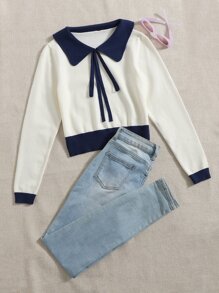 Contrast Collar Tie Front Colorblock Sweater