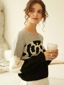 Contrast Cow Color Block Sweater