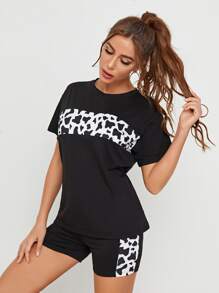 Contrast Cow Print Panel Tee & Shorts