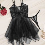 Contrast Lace Asymmetrical Sheer Slips With Thong