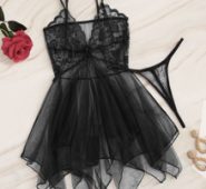 Contrast Lace Asymmetrical Sheer Slips With Thong