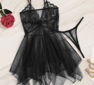 Contrast Lace Asymmetrical Sheer Slips With Thong