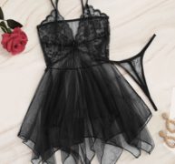 Contrast Lace Asymmetrical Sheer Slips With Thong