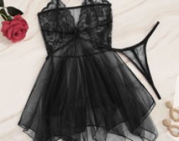 Contrast Lace Asymmetrical Sheer Slips With Thong