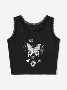 Contrast Lace Butterfly Graphic Tank Top