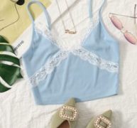 Contrast Lace Detail Rib-knit Crop Cami Top