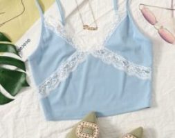 Contrast Lace Detail Rib-knit Crop Cami Top