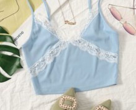 Contrast Lace Detail Rib-knit Crop Cami Top