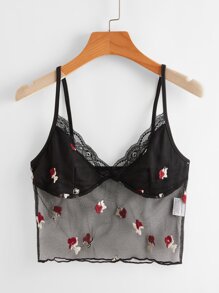 Contrast Lace Ditsy Flower Embroidery Crop Cami