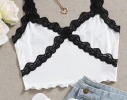 Contrast Lace Panel Lettuce Edge Cami Top