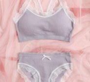 Contrast Lace Ribbed Bow Lingerie Set