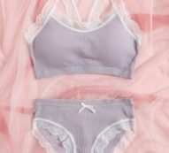 Contrast Lace Ribbed Bow Lingerie Set