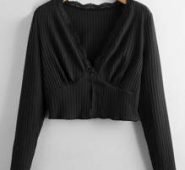 Contrast Lace Ribbed Button Crop Tee