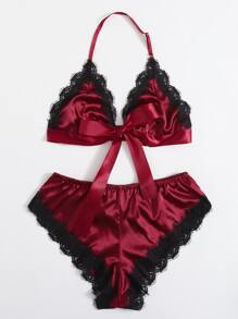 Contrast Lace Satin Lingerie Set