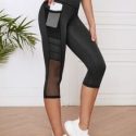 Contrast Mesh Capris Sports Leggings With Phone Pocket