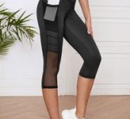 Contrast Mesh Capris Sports Leggings With Phone Pocket
